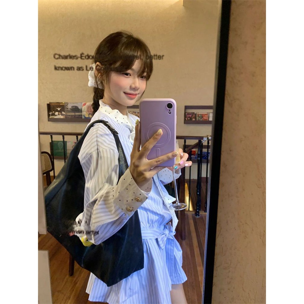 Korean Style A Line Shirt Dress - Robe chemise à manches longues rayée,