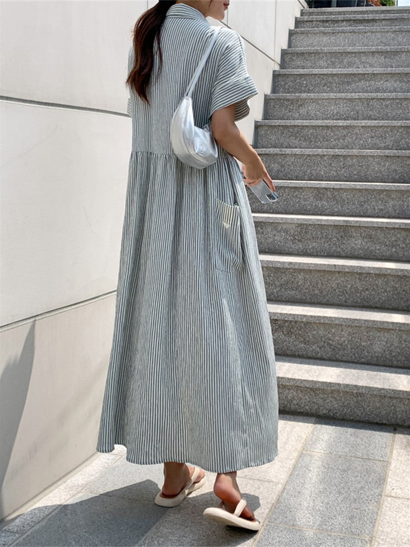 Robe chemise rayée coupe ajust - Korean Style A Line Shirt Dress avis et prix