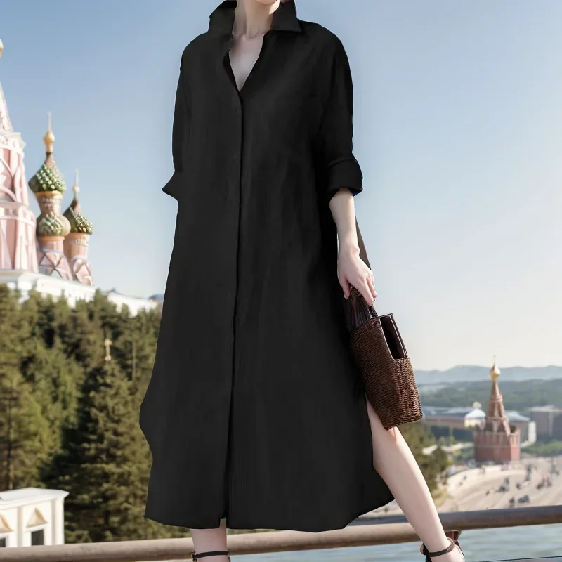 Robe longue élégante pour femm - Casual Loose Linen Shirt Dress avis et prix