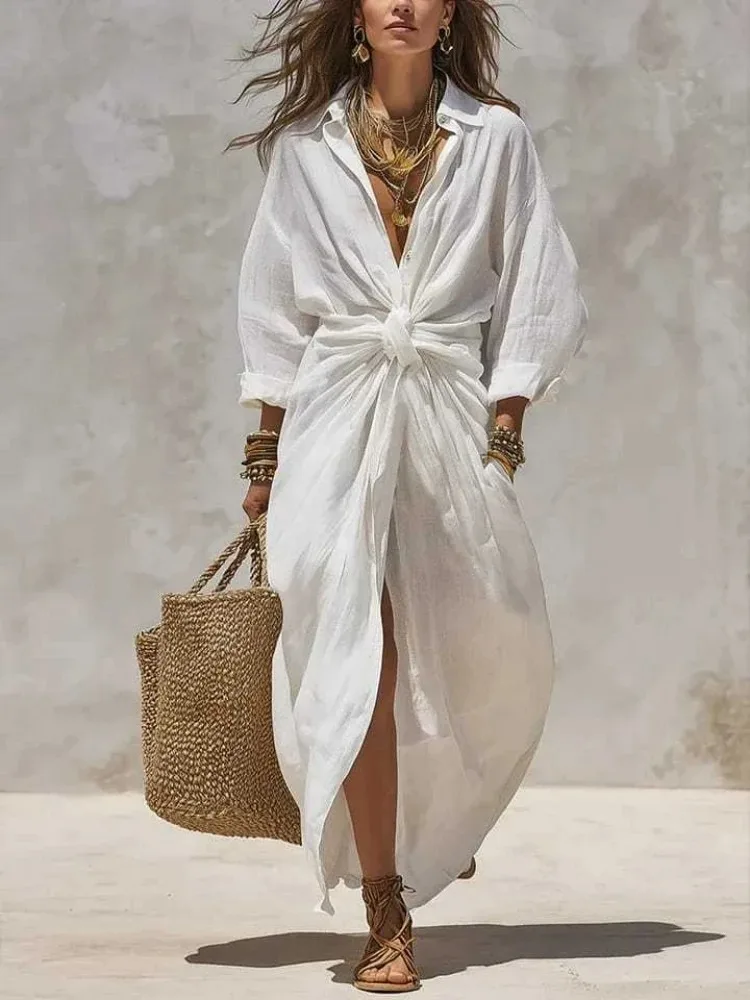 Robe longue en lin et coton bl - Casual Loose Linen Shirt Dress avis et prix