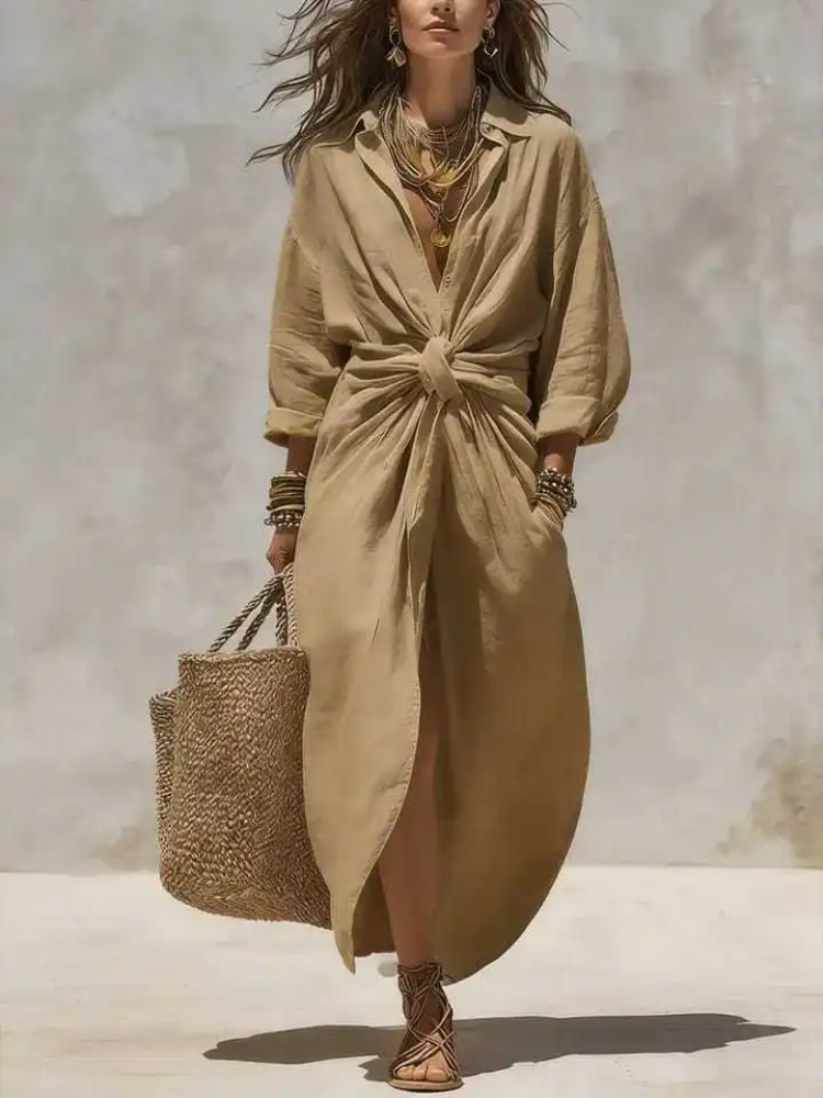 Robe longue en lin et coton bl - Casual Loose Linen Shirt Dress avis et prix