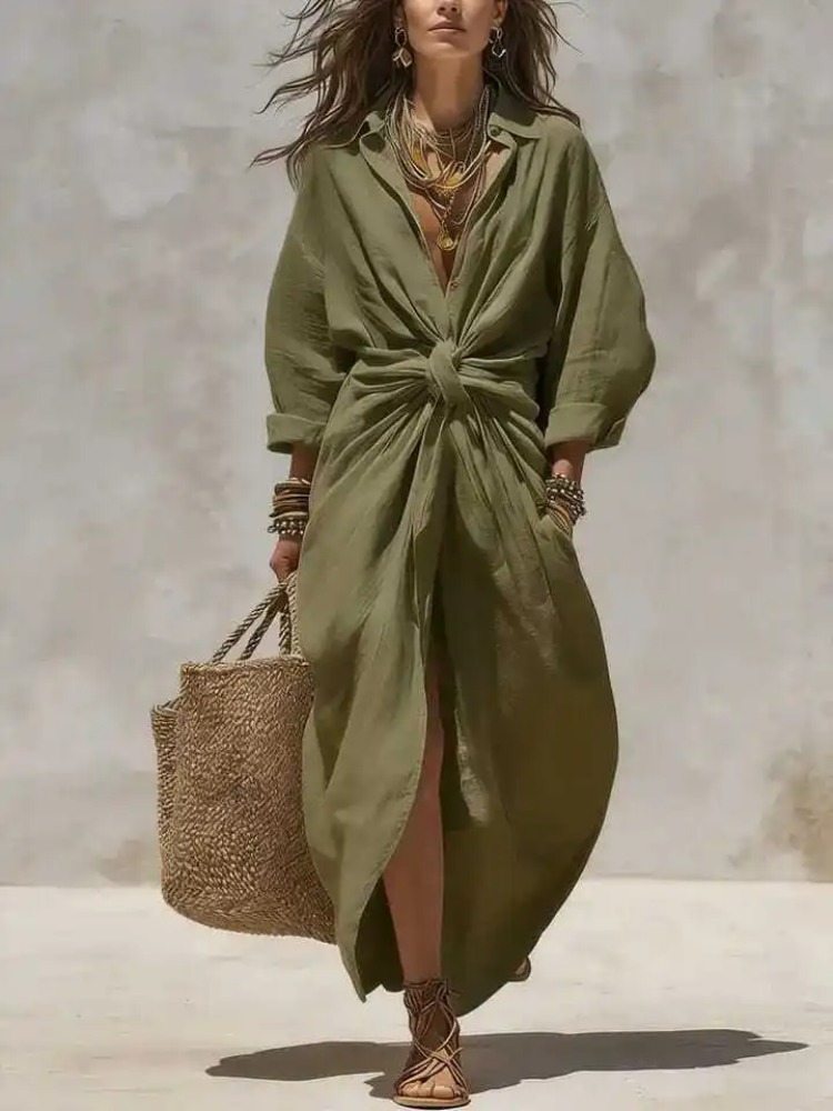 Robe longue en lin et coton bl - Casual Loose Linen Shirt Dress avis et prix