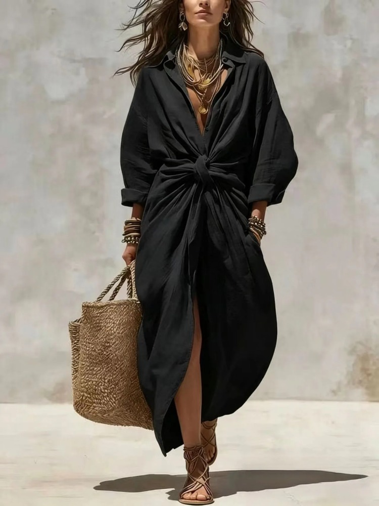 Robe longue en lin et coton bl - Casual Loose Linen Shirt Dress avis et prix